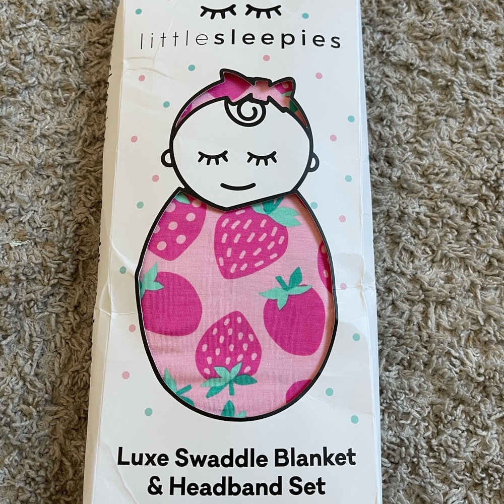 Little Sleepies Pink Strawberry Swaddle Blanket & Headband Set
